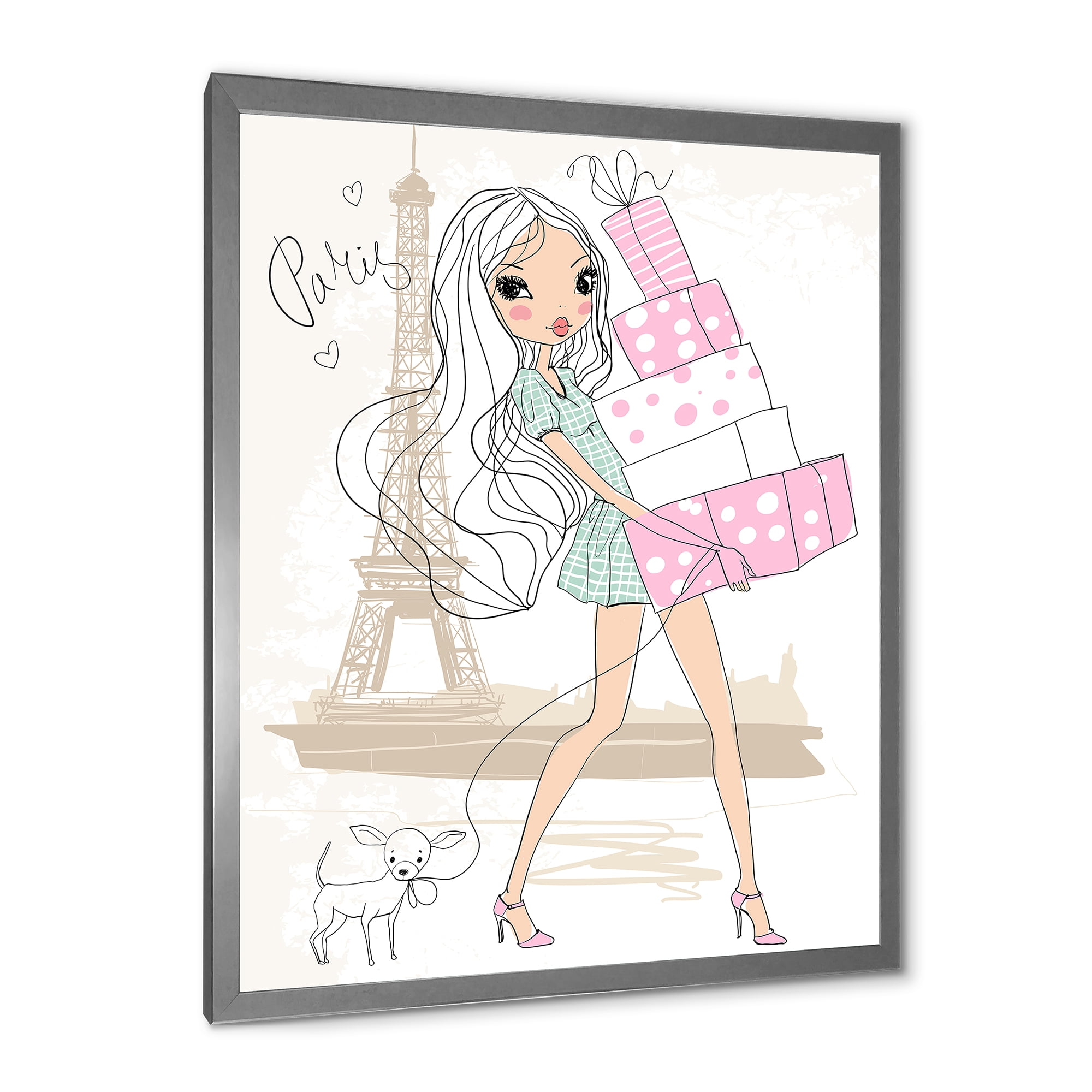 Designart 'Young Woman With Shopping Boxes In Paris' Shabby Chic Framed Art Print