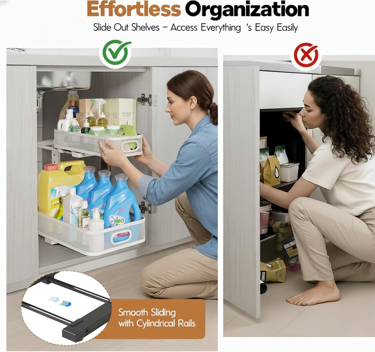 2 Pack Under Sink Organizer, Dual-Layer Pull Out Mesh Cabinet Rack with 5-Level Height Adjustment, Rust-Resistant Sliding Storage for Bathroom & Kitchen, Multi-Purpose 2-Tier Shelf