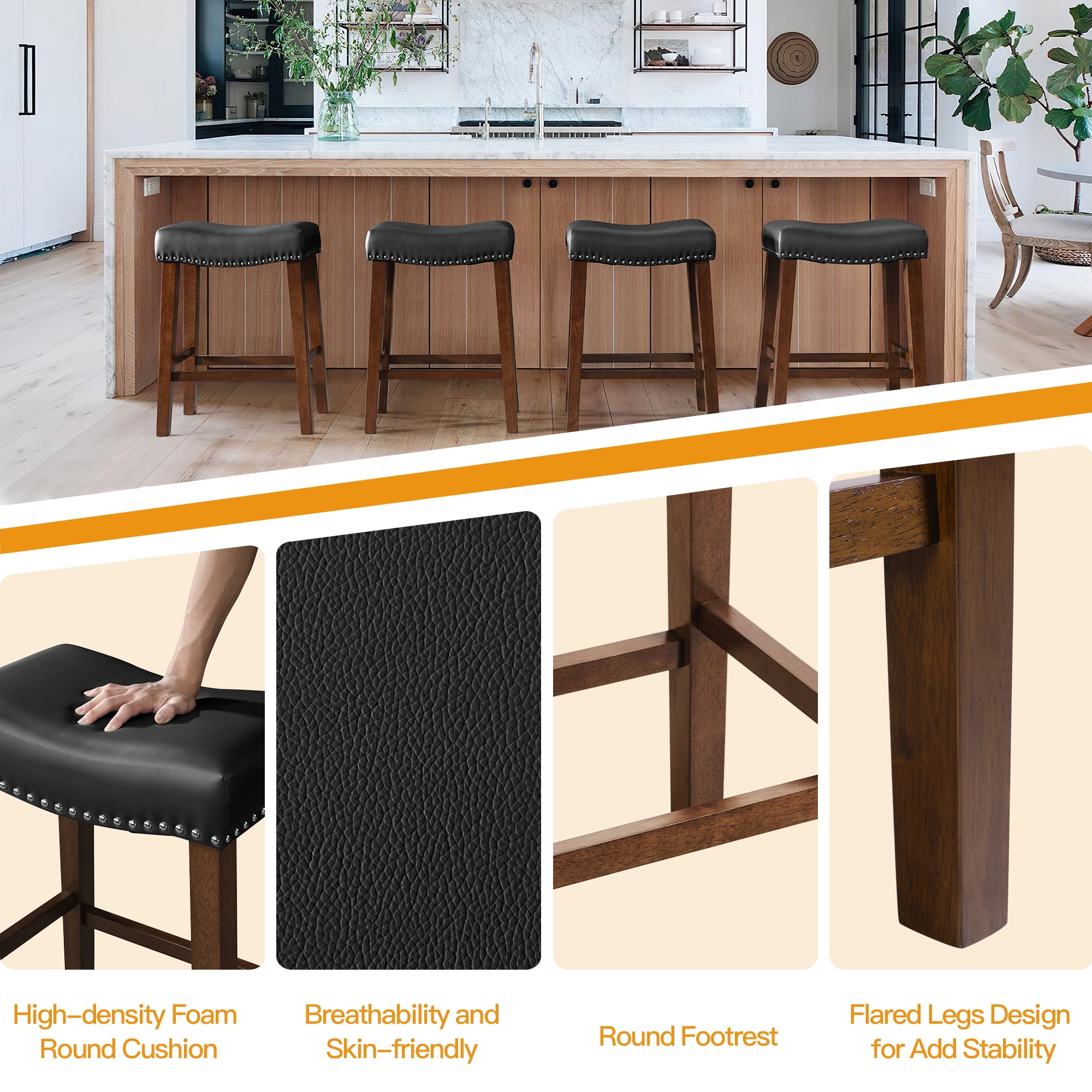26 Inch Counter Height Bar Stools Set of 2 Saddle Barstools for Kitchen Island Counter, Bonded Leather Kitchen Stools, Black