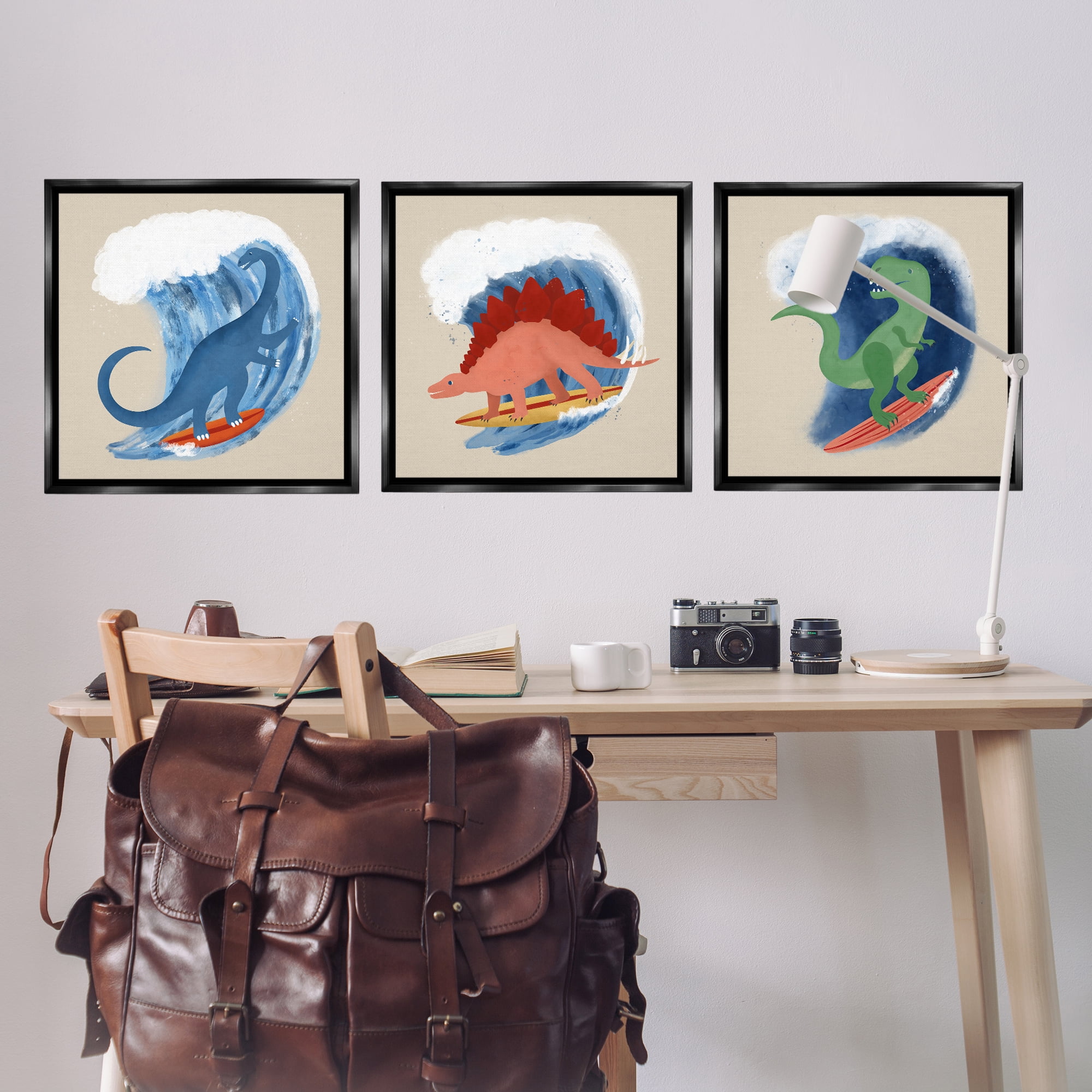 Stupell Industries Dinos Surfing Beach Waves Animals Painting Black Floater Framed Canvas Art Print Wall Art, 25 x 25, Set of 3