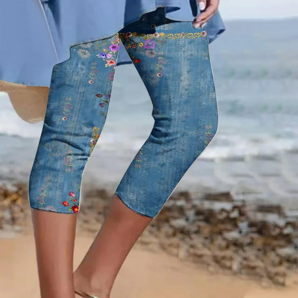 lcziwo Women Beach Capri Leggings for Women Tummy Control High Waisted Yoga Pants Slim Fitting Stretch Tight Leggings Summer Capri Pants Blue
