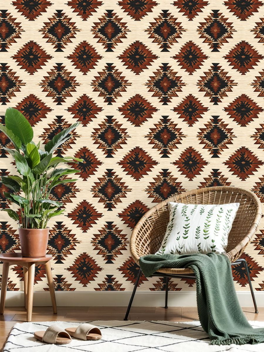 Aztec Peel and Stick Wallpaper Geometric Diamond Earthy Tones Vintage Texture Wall Mural 23.6in x 9.8ft Self Adhesive Removable Wall Paper Renter Friendly Wallpaper for Nursery Bedroom Cabinets