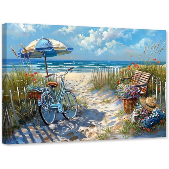 ZHONGYUTONG Beach Canvas Wall Art for Bathroom Seaside Bicycle Pictures Seascape Scene Painting Ocean Artwork for Coastal Themed Decor Framed (12.00" x 18.00")