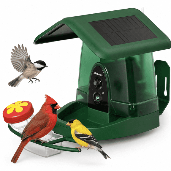 Nafnti Smart Bird Feeder with Camera, 4K HD Camera Bird Feeder, 10,000 Species AI Bird Identification, 3W Solar Powered Roof, 2.4GHz WIFI, IP65 Waterproof, Gift for Bird Lovers
