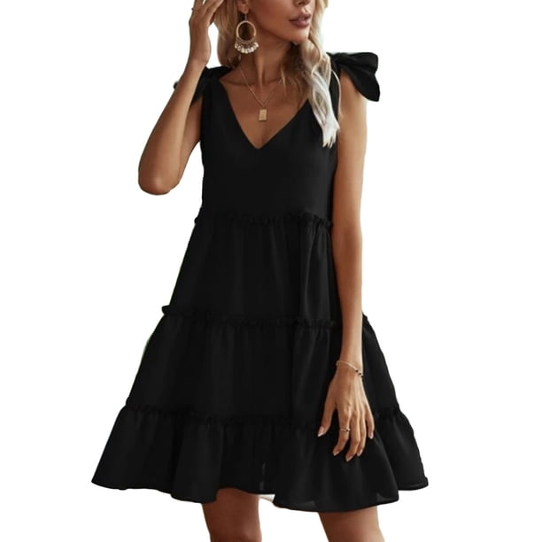 Txlixc, vestido informal de verano para mujer, vestido acampanado de Color sólido sin mangas con cuello en V y volantes, vestido plisado para fiesta en la playa, ropa de calle Txlixc Estilo de ocio