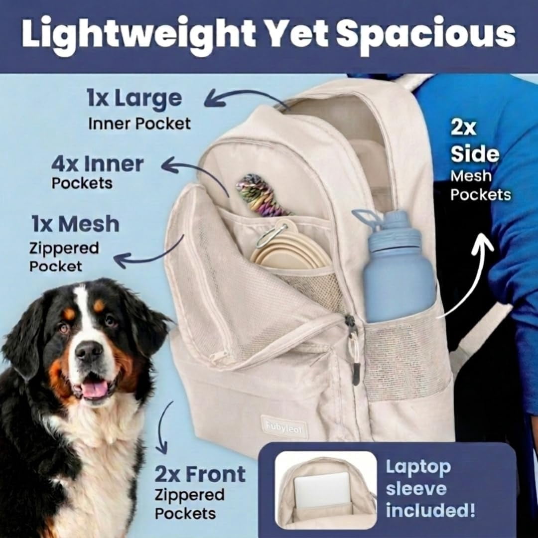 Dog Travel Bag for Supplies - Backpack with 2 Collapsible Dog Bowls, Food Bag, Treat Pouch: Beige
