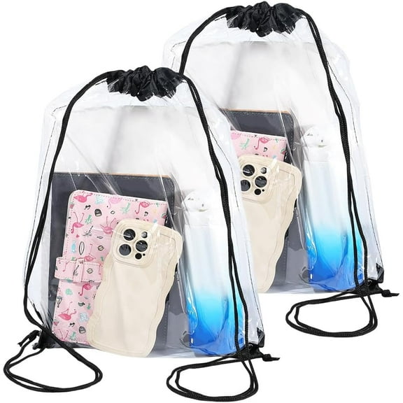 2 Pack Clear Drawstring Backpack Bags Waterproof PVC Lightweight Transparent Draw Strings Back Cinch Sack Knapsack for Gym Swimming Travel Beach Outdoor Sports Men Women 16.9 x 13.4in 2pcs
