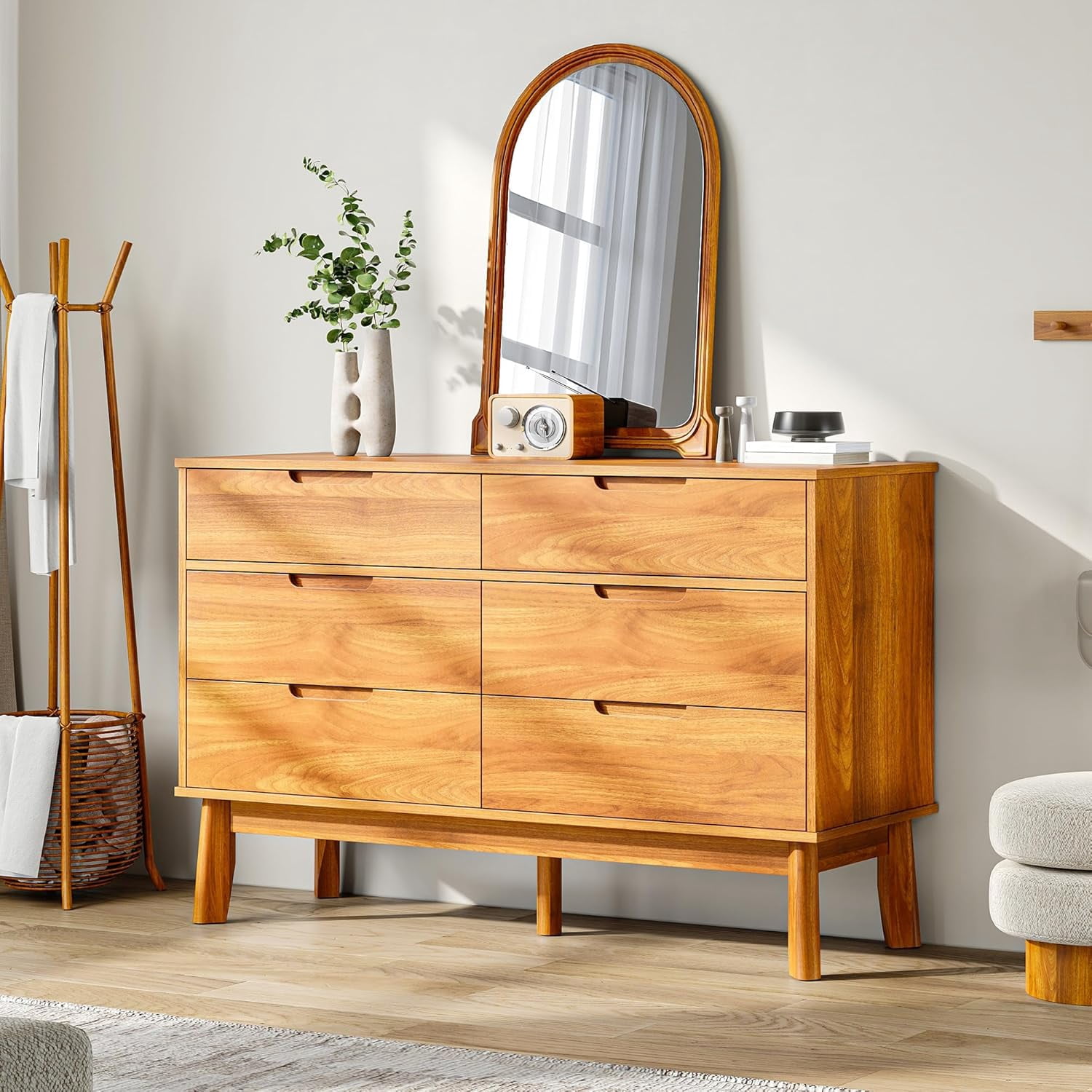 47" Wide 6 Drawer Dresser, Mid-Century Modern Double Dresser with Walnut Finish, Large Horizontal Chest of Drawers for Bedroom, Wood Storage Cabinet, Caramel