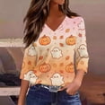 thumbnail image 4 of Women's Halloween T-Shirt Plus Size V-Neck 3/4 Sleeve Top, Witchy Print Halloween Blouse Fall Party and Casual Outfit 01-Earthy Yellow M, 4 of 5