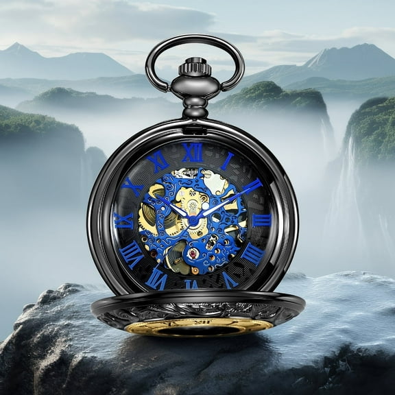 Black mechanical pocket watch with dial blue-gold suitable for men and women fashion accessories gifts or holidays