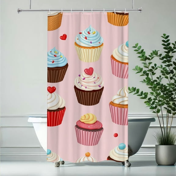 RKSupls Waterproof Shower Curtain, Sweet Cupcake Dessert Pattern Polyester Shower Curtain with Hooks for Chic Elegant Home Bathtub Bathroom Decor Washable,90x180cm
