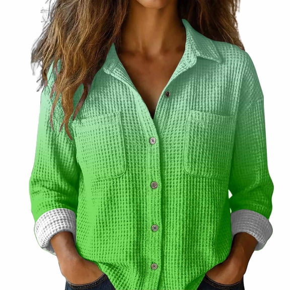 Breezora Women's Blouse Waffle Texture Button Down Long Sleeve Fall Shirt for Cozy Work and Camping Comfort L Size Green