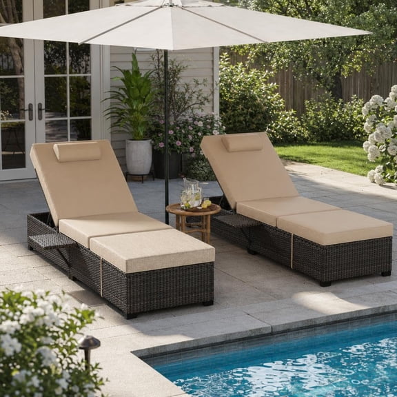 Set of 2 78" Outdoor Chaise Lounge Chairs, Wicker Pool Loungers with Adjustable Back & Foldable Side Table, Brown Rattan Patio Chairs with Washable Cushions – Earth Grey