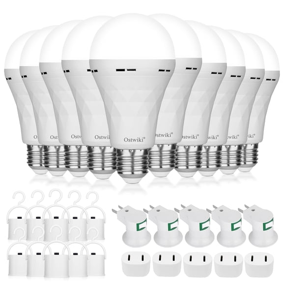 10 Pack Rechargeable Emergency Light Bulbs,Battery Operated Backup Light Bulb for Power Outage Camping Outdoor Hurricane 9W E27 8500K 1200mAh White Self-Charging LED Light Bulbs