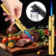 Windproof Butane Torch Lighter, Long Pen Shaped Refillable Lighter, Safety Lock Design, Portable Flame Igniter for Candle Lighting Outdoor Camping and Daily Household Use, Gold