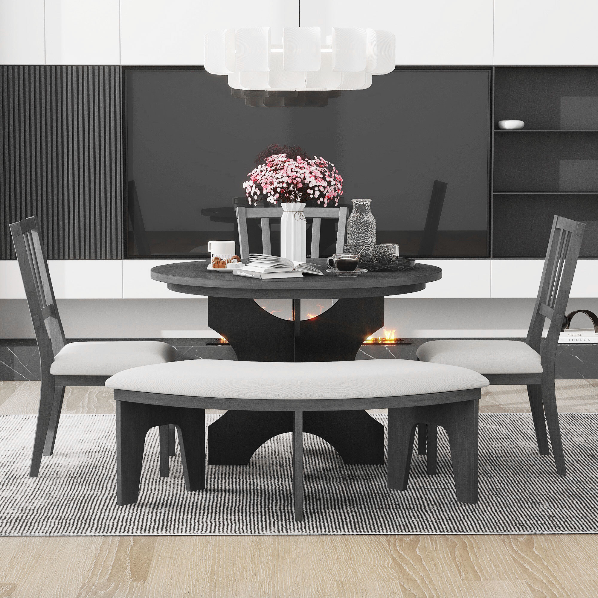 Euroco 5-Piece Round Dining Set,Rustic Kitchen Table Set with 3 Upholstered Chairs and Curved Bench for Dining Room/Kitchen/Living Room,Gray