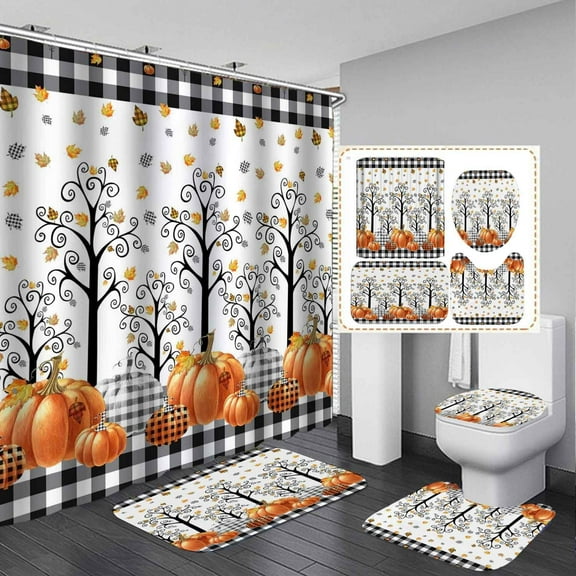 4PCS Highland Cow Fall Shower Curtain Sets with Rugs, Waterproof Fabric Shower Curtain, Funny Cattle Bull Autumn Harvest Pumpkin Sunflower Maple Leaves Thanksgiving Orange Plaid Bathroom Decor