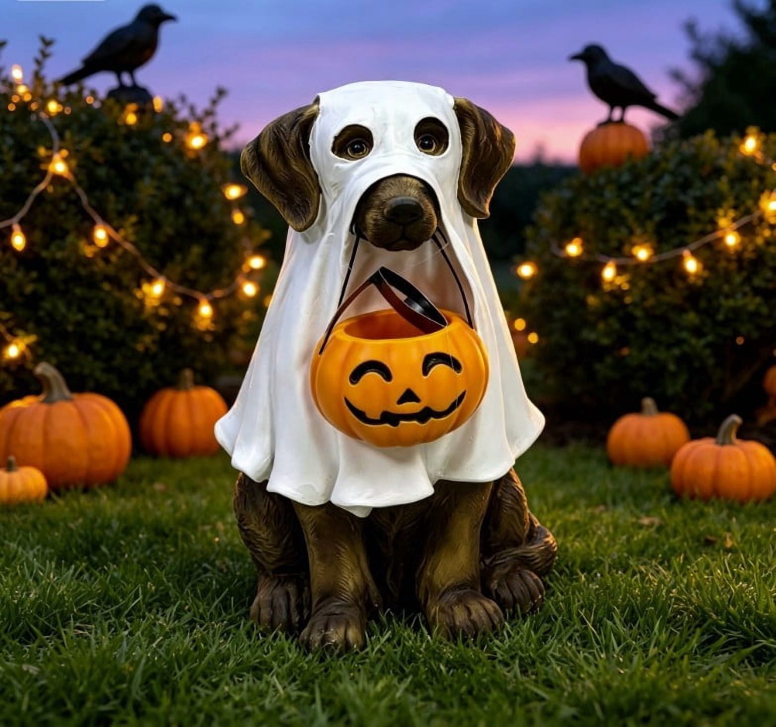 Clearance! Halloween Ghost Dog Statue with Pumpkin Candy Bowl, 10
