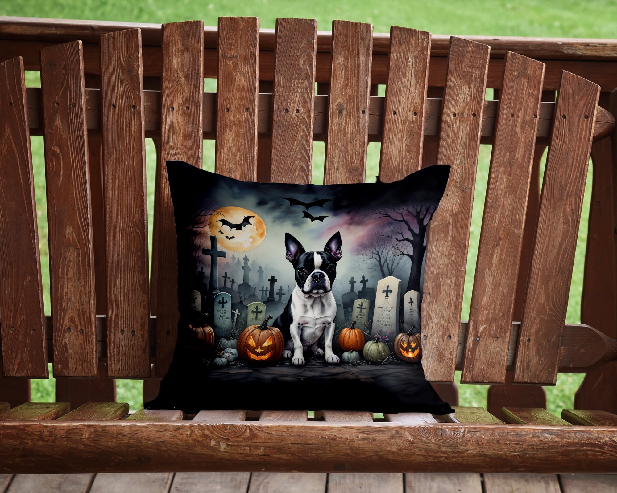 Boston Terrier Spooky Halloween Fabric Decorative Pillow 14 in x 14 in