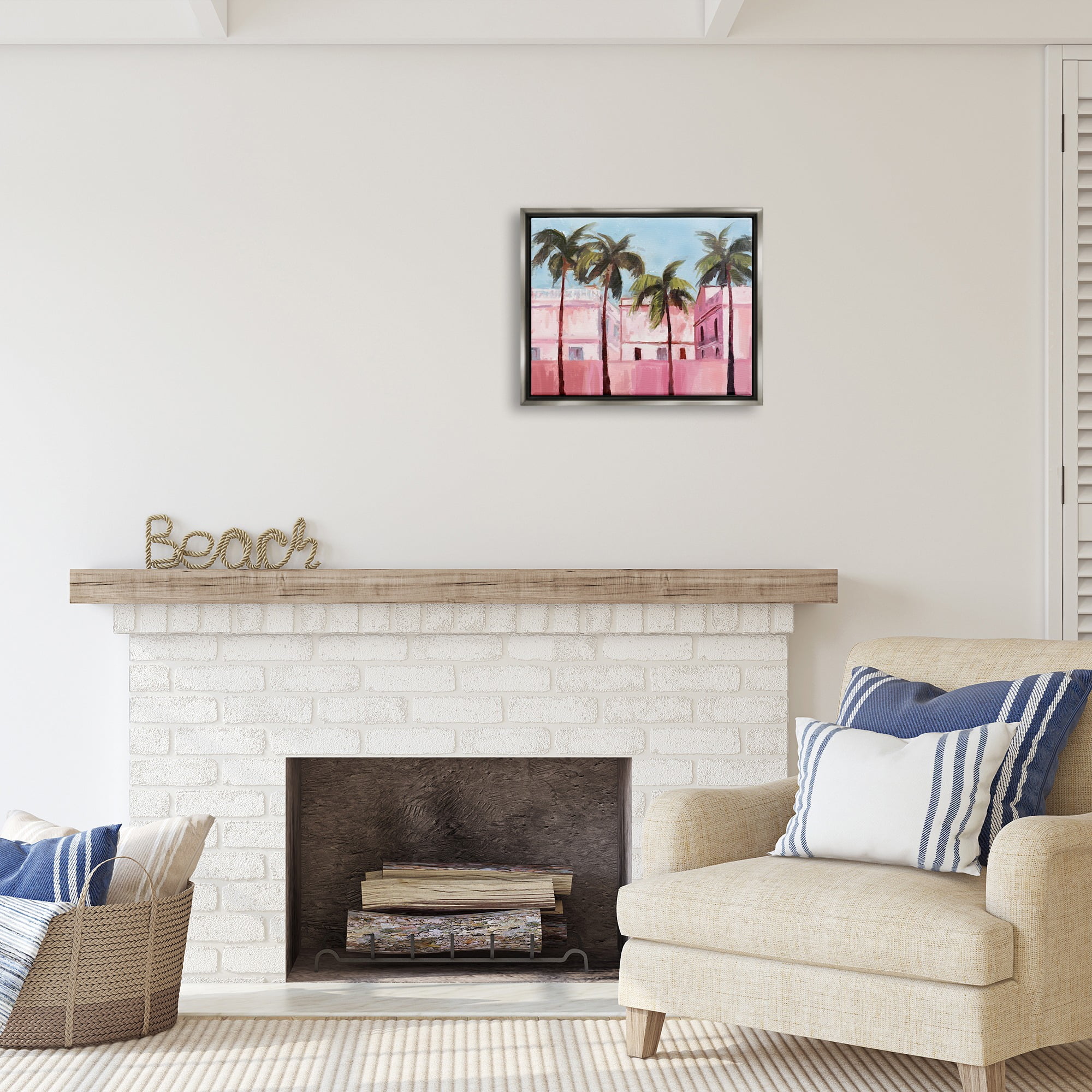 Stupell Industries Tropical Pink Buildings Botanical & Floral Painting Gray Floater Framed Canvas Art Print Wall Art, 21 x 17