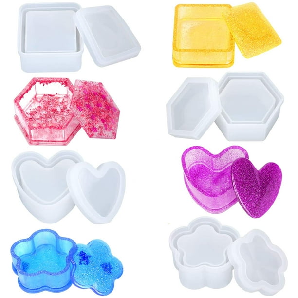Moldes de resina, caja Molde de resina Molde de silicona Resina en corazón Hexágono Cuadrado Flor Forma DIY Contenedor de joyería, Caja Titular Molde, Maceta, Bolígrafo Vela Jabonera Ormromra WMZL-1599-2