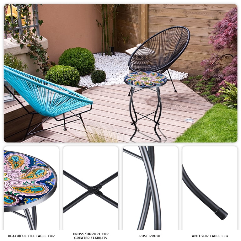 Outdoor Metal Side Table, Mosaic End Table, Small Round Glass Top