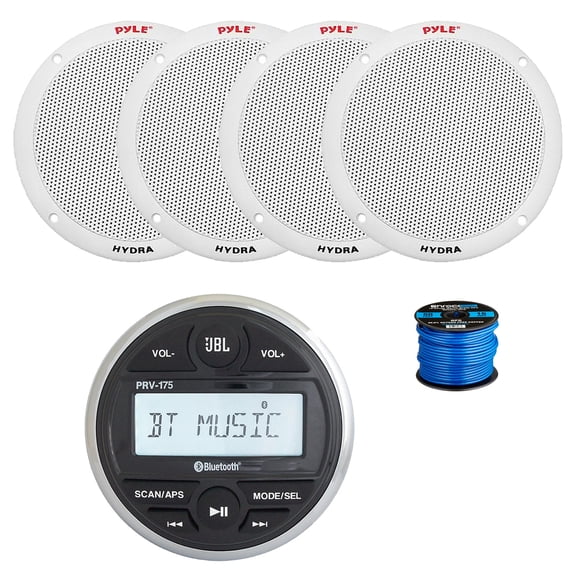 JBL PRV-175 Marine Gauge Mount USB Bluetooth AM/FM Digital Stereo Receiver, 4X 6.5" 400 Watt 2-Way Dual Cone Full Range Audio Speakers (White) w/ Wire