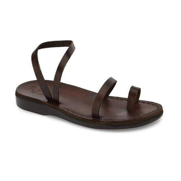 Jerusalem Sandals Ella Leather Ankle Strap Flat Sandal (Brown, 36)