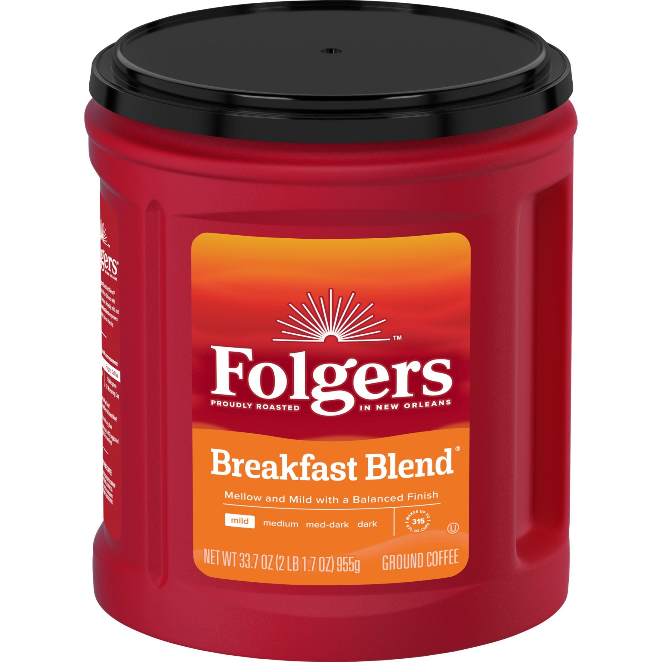 (6 pack) Folgers Breakfast Blend Ground Coffee, Smooth & Mild Coffee, 33.7 oz Canister