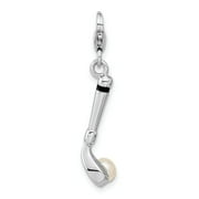 Golf Club With Cultured Pearl For Ball Clip-On Pendant In 925 Sterling Silver 34 mm x 7 mm
