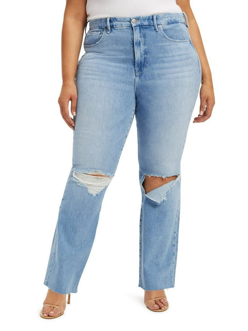 Good American INDIGO129 Women's Good Classic Raw Hem Ripped Jeans