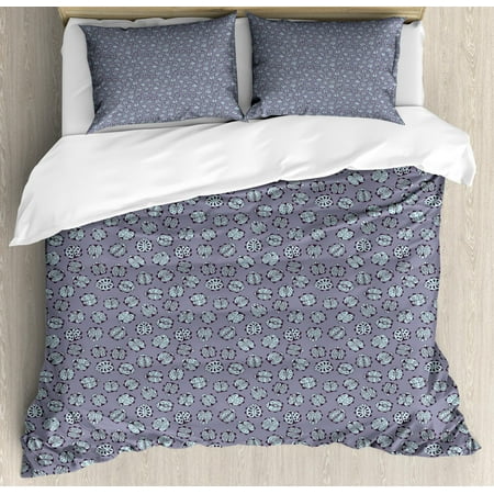 Ladybug Duvet Cover Set Queen Size, Floral Ornamental Bugs Best of Luck Insects of Nature with Leaf Patterns, Decorative 3 Piece Bedding Set with 2 Pillow Shams, Purple Grey Pale Blue, by