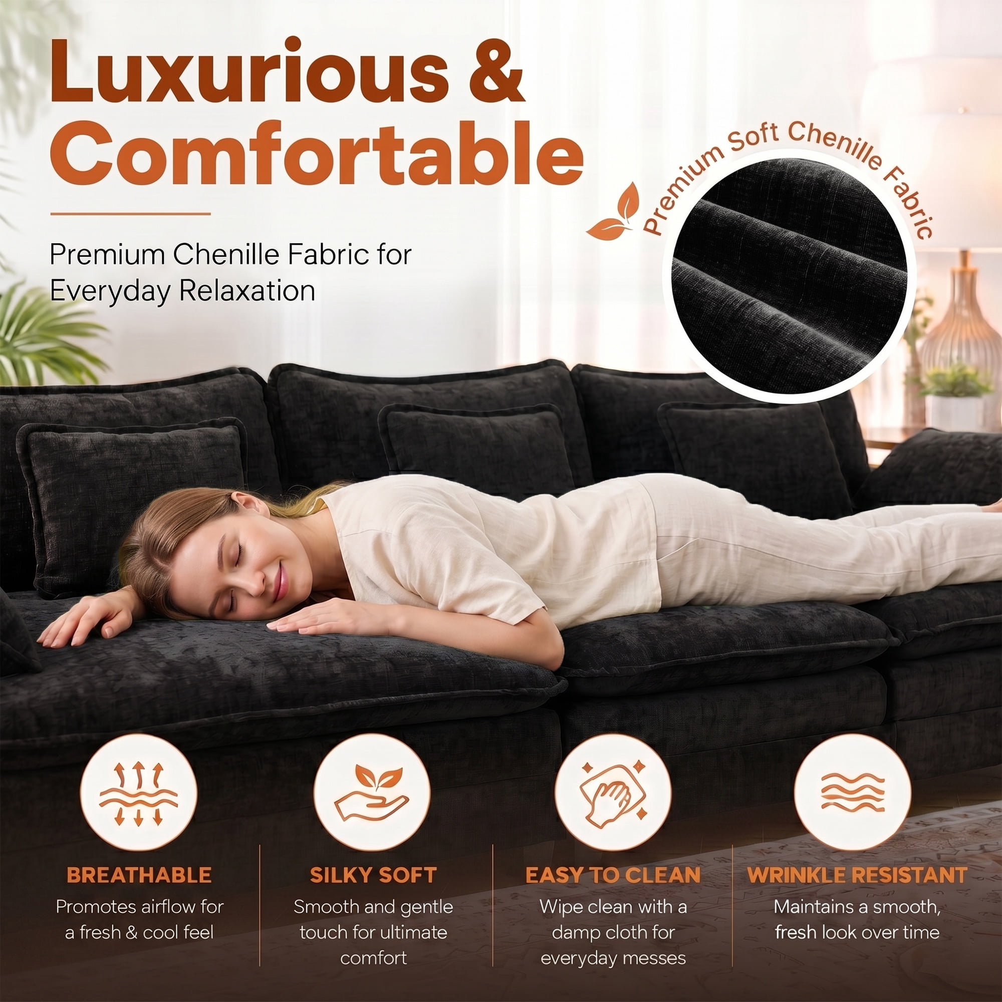 JULY'S SONG U Shaped Couch Set, 4-Seater Modular Sectional Sofa with Movable Ottoman, Deep Seat Couches and Sofas for Living Room, Comfy Cloud Couch with Detachable Cushions, Chenille Black