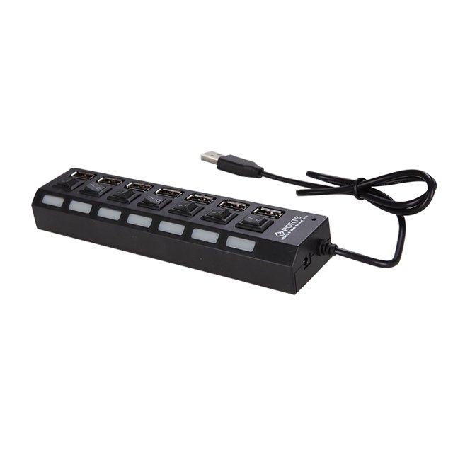 Concentrador USB JDL-A7 de 7 puertos con interruptores independientes y LED indicadores, diseño compacto y funcional para alta velocidad de transferencia USB 2.0.
