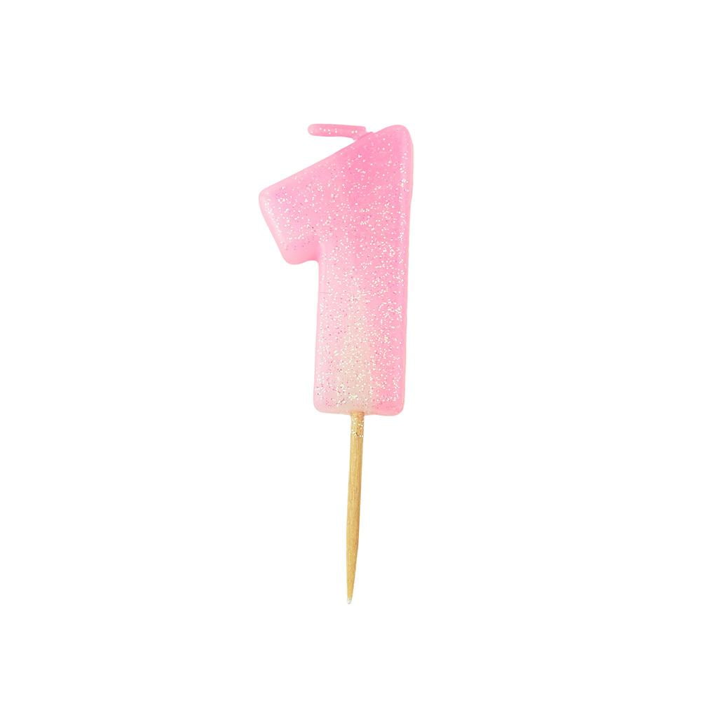 Number 1 Glittered Birthday Candle, Pink, 13/4Inch