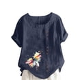 thumbnail image 2 of Vmvidoty 2026 Plus Size Fashion Cotton Linen Vintage Top for Women Spring And Summer Round Neck Short Sleeve Casual Button T-Shirt Navy M, 2 of 5