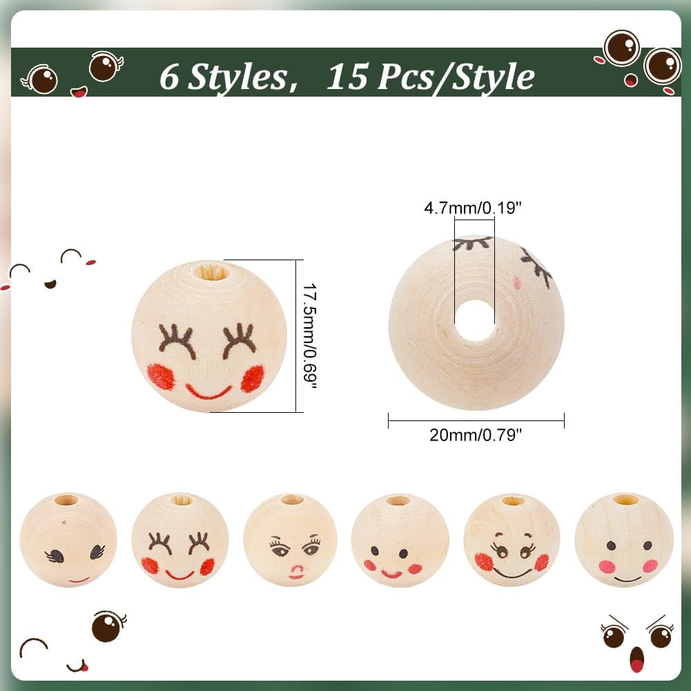 90pcs Smile Face Wooden Beads 6 Styles 20mm Natural Wood Beads Loose Beads Head Beads Spacer Beads for DIY Key Chain Bracelet Necklace Jewelry Macrame Hair Crafts, Hole 4.7mm