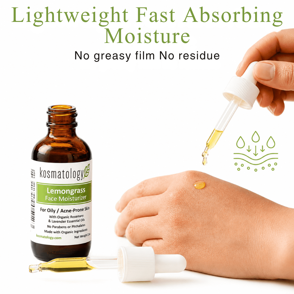 kosmatology® Lemongrass Organic Face Moisturizer | Acne and Oily Skin Types | Infused with Lemongrass and Rosemary Oils | Vegan and Cruelty-Free | 2 fl oz