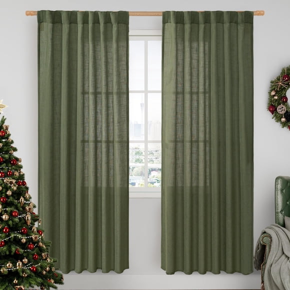 Cortinas LAMIT de lino con filtro de luz, 203 cm, color verde oliva, 2 paneles
