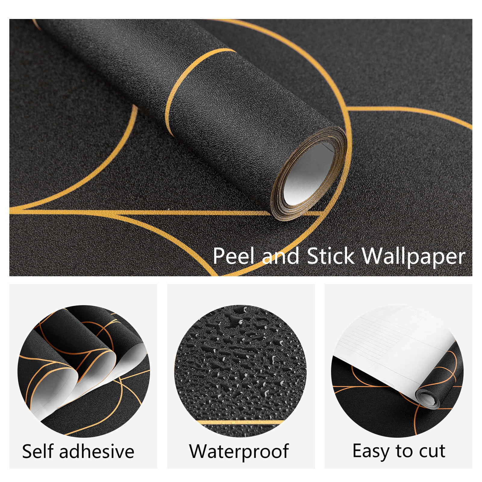 UMIGGEE 17.7-in x 511-in Black Stripe Wallpaper Peel and Stick Wallpaper Contact Paper Geometric Black and Gold Removable Paper Self Adhesive Home Decor Wall Covering Old Furniture Renovation
