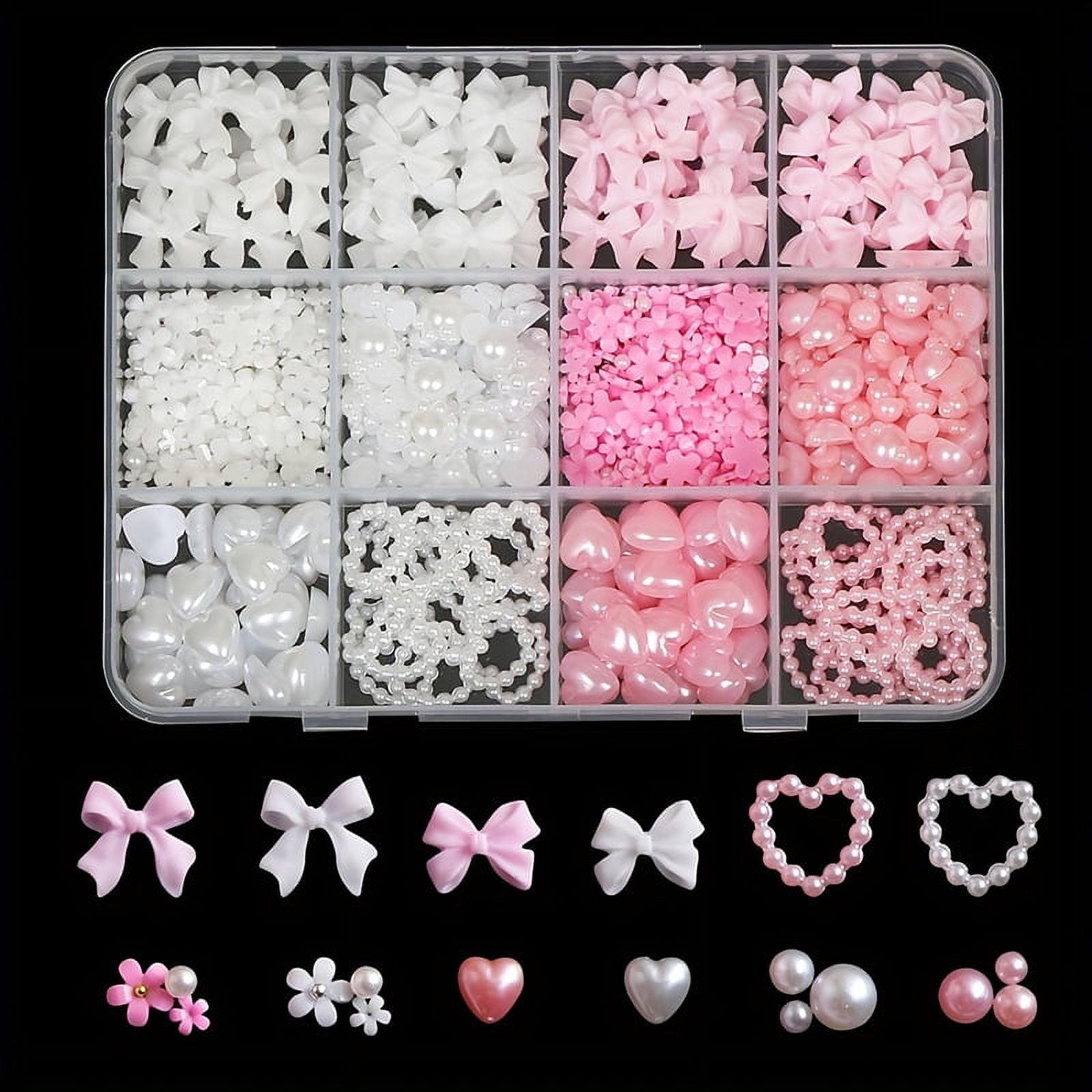 500PCS 3D Nail Art Decoration Kit with Resin Bows, Flat Back Pearls, and Assorted Shapes – Unscented DIY Craft Embellishments