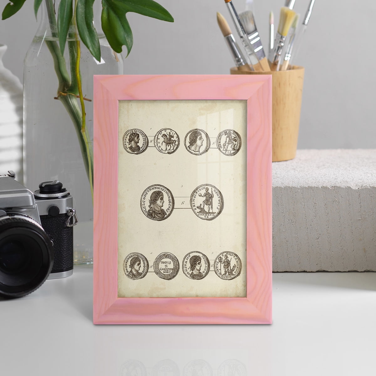 Antique Roman Coins V -Framed Print w/glass-Sunset Pink