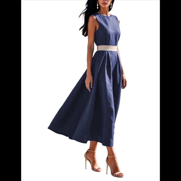 Vestido de Verano Vintage para Mujer, Holgado, Sin Mangas, , Cuello Redondo, Color Liso. Azul Oscuro L