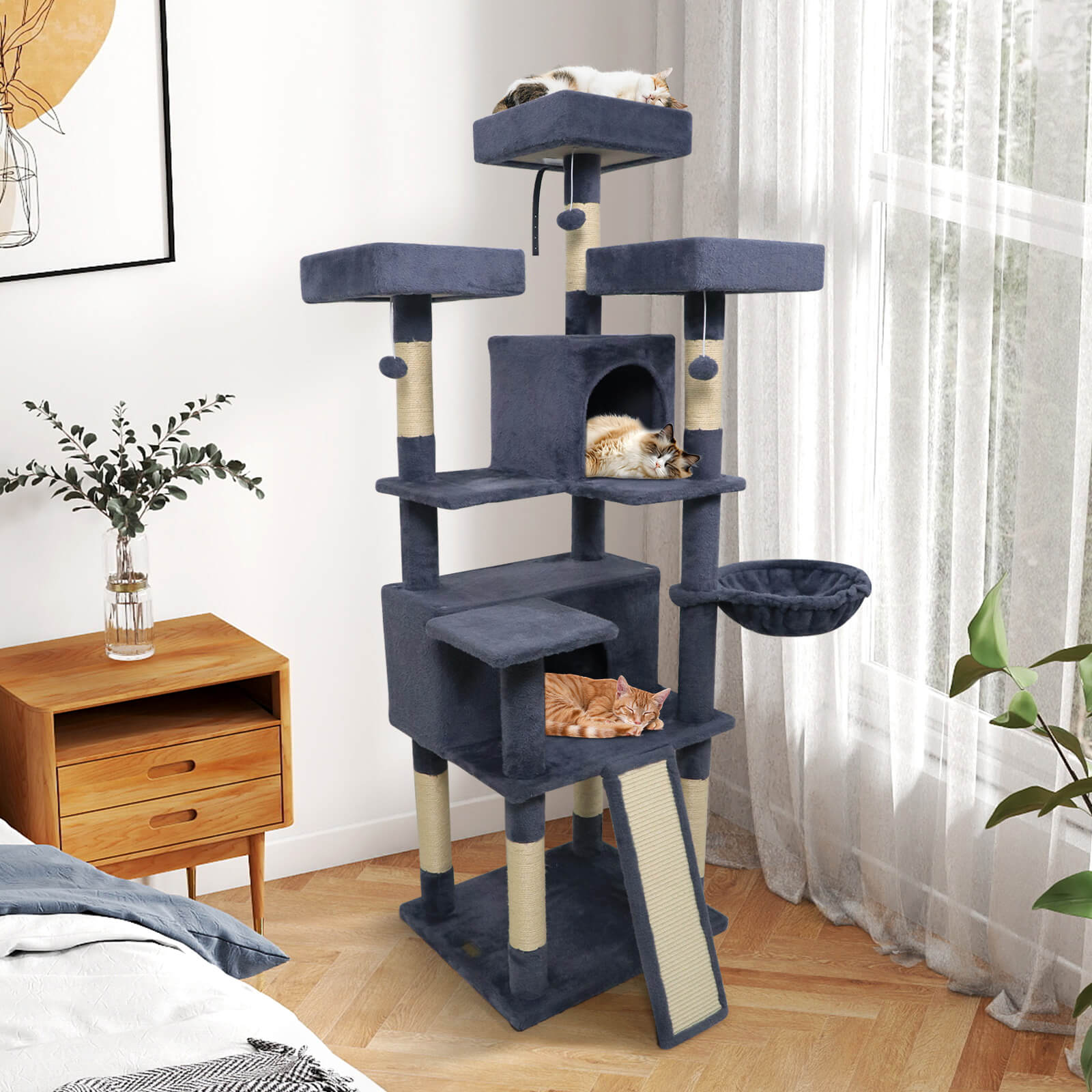 Costway 65” Tall Multi-level Cat Tree with 3 Upholstered Top Perch 2 Cat Condos Cat Basket Dark Gray