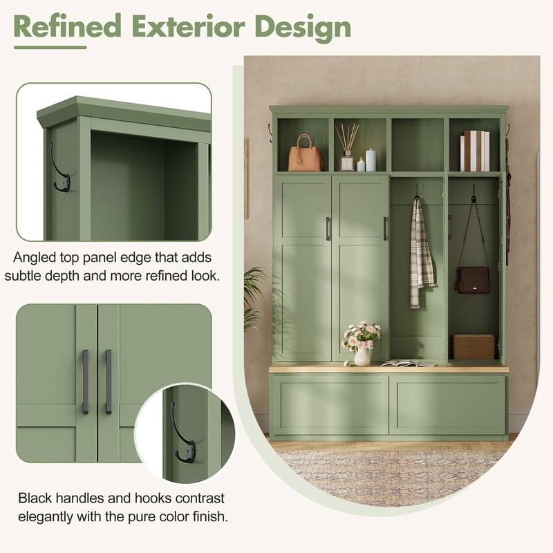 Modern Farmhouse Hall Tree with Bench and Storage Cabinets, Entryway Coat Rack with 6 Hooks, 4 Hidden Cabinets, Drawers and Open Shelves, Mudroom Organizer for Hallway, Living Room