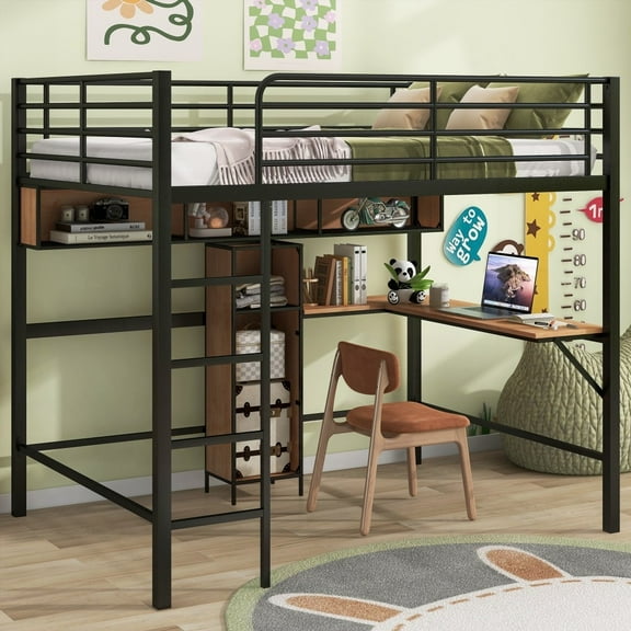 Black and Brown Full Size Loft Bed with L -shaped Desk and Shelves Made of Metal & MDF