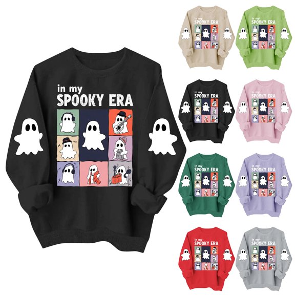 Spooky Season Sweatshirt Womens Ghost Graphic Pullover Crew Neck Long Sleeve Loose Fit Casual Fall Tops Ribbed Cuffs and Hem Cute Halloween Long Sleeve Sweatshirt