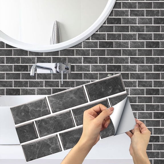 6Piece Self-Adhesive Marbling Tiles Wall Stickers Decals 11.8"x5.9" Waterproof Vinyl Marbling Gray Mosaic Brick Peel and Stick for Kitchen Bathroom