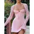 thumbnail image 2 of Women Bodycon Mini Dress Lace Floral Long Sleeve Backless Low-cut Tie-up Sexy Cocktail Party Dress, 2 of 7