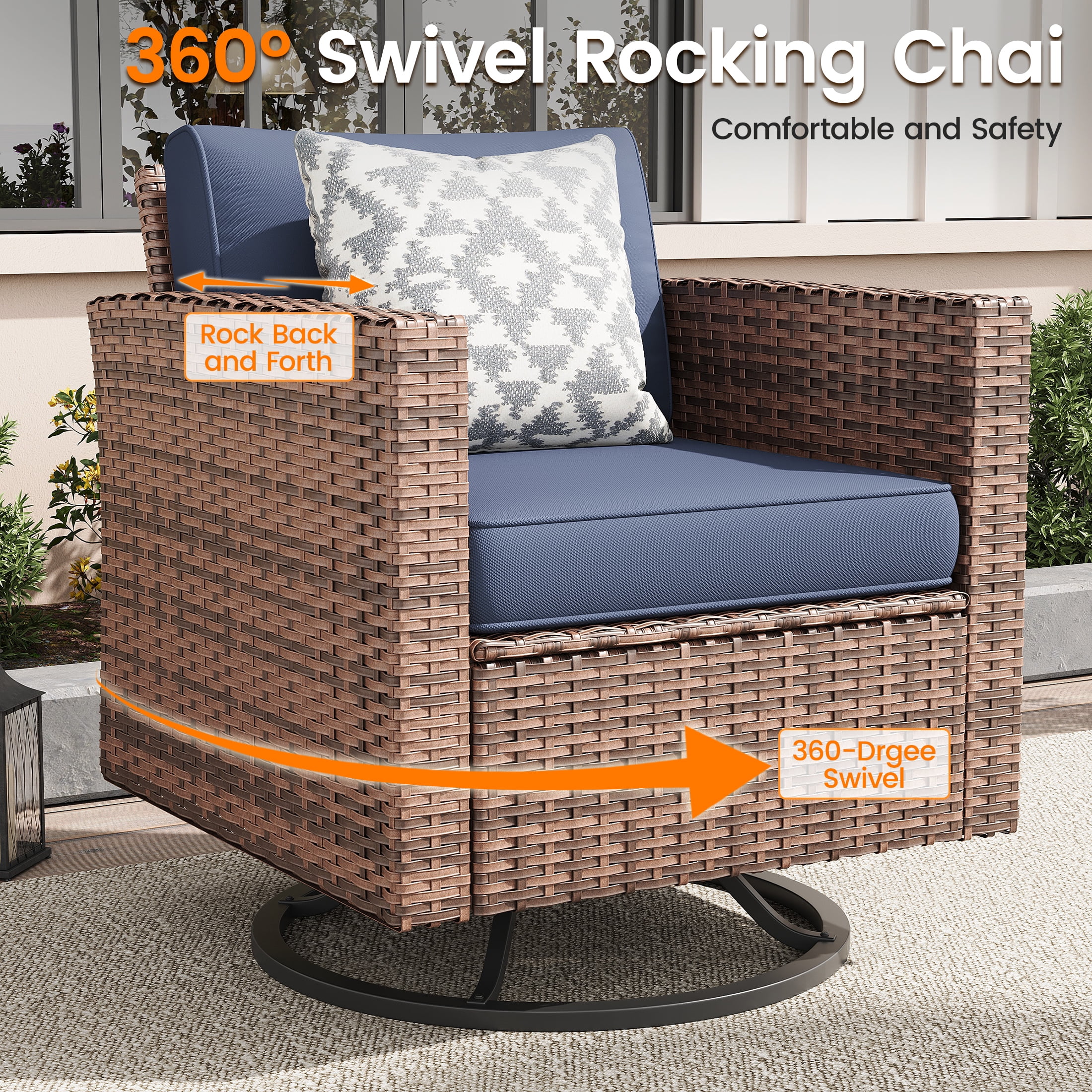 POTEBAN Patio Set, 7 Pieces Outdoor Furniture Sets with Rocking Swivel Chairs, Wicker Rattan, Waterproof Covers for Backyard